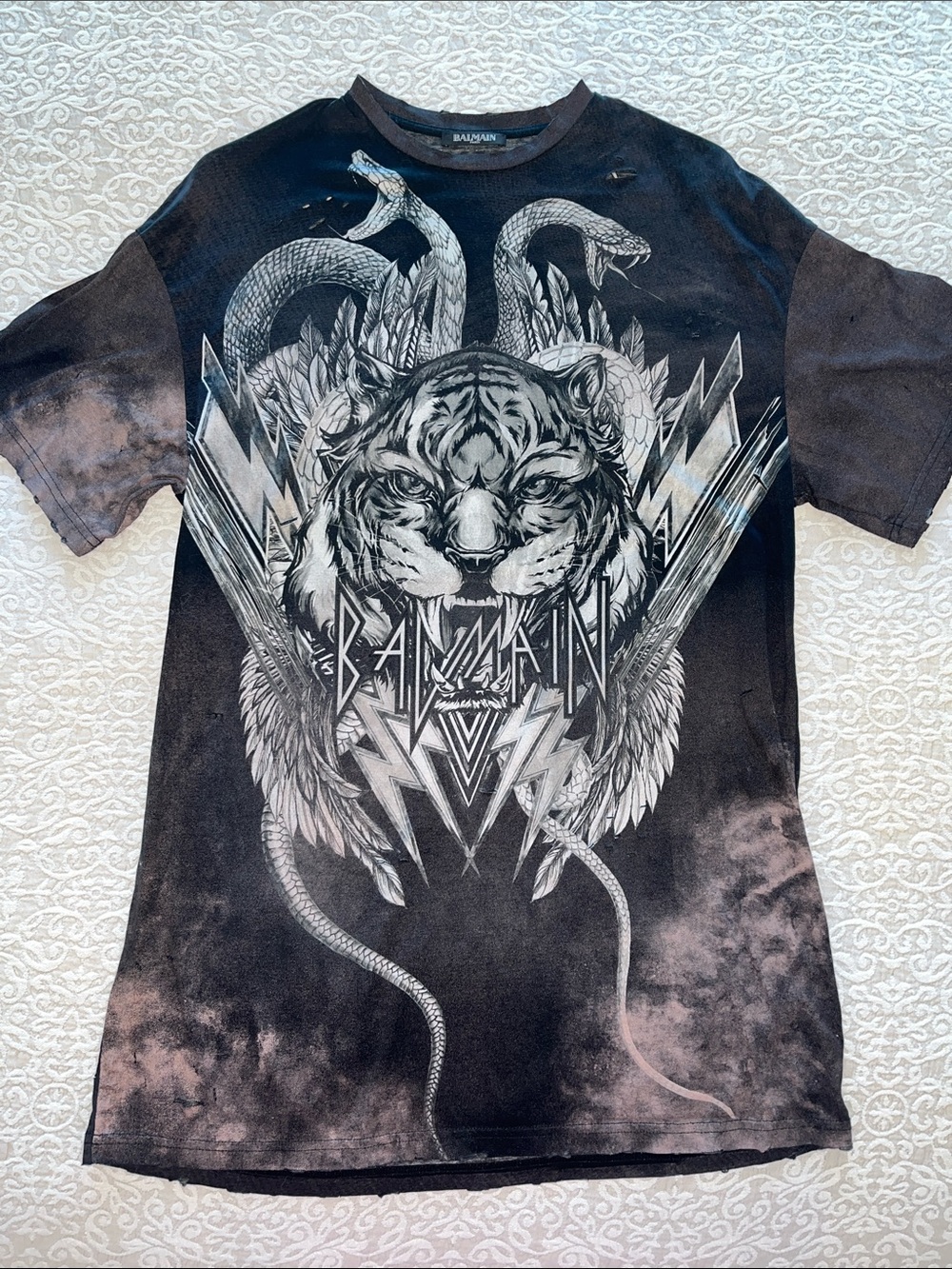 Balmain Paris Distressed Tiger Snake Graphic Acid Wash T-Shirt
